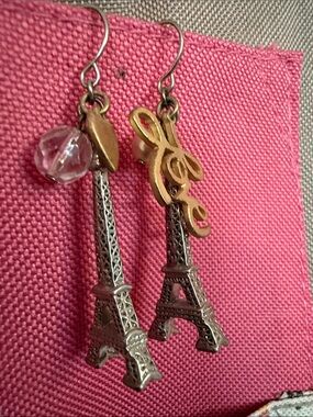 Eiffel Tower Dangle Earrings with Pink Crystal and Gold 'Love' Accent